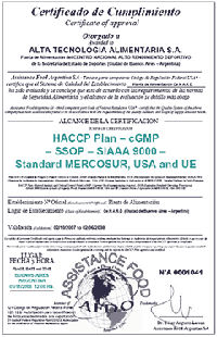 HACCP Certificado de Planta Alim Cenard